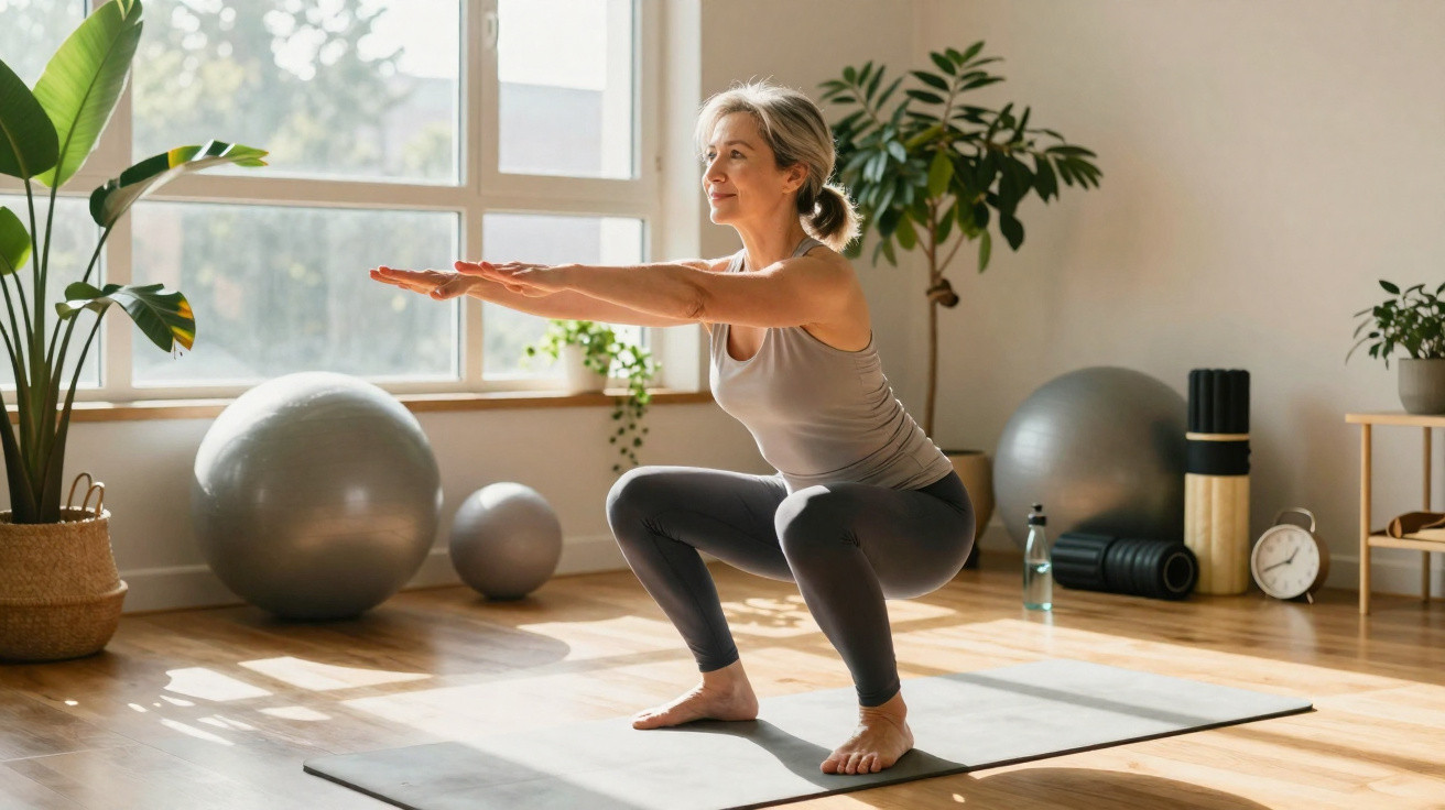 Mulher madura fazendo agachamento em tapete de yoga em sala iluminada com plantas e acessórios de ginástica.