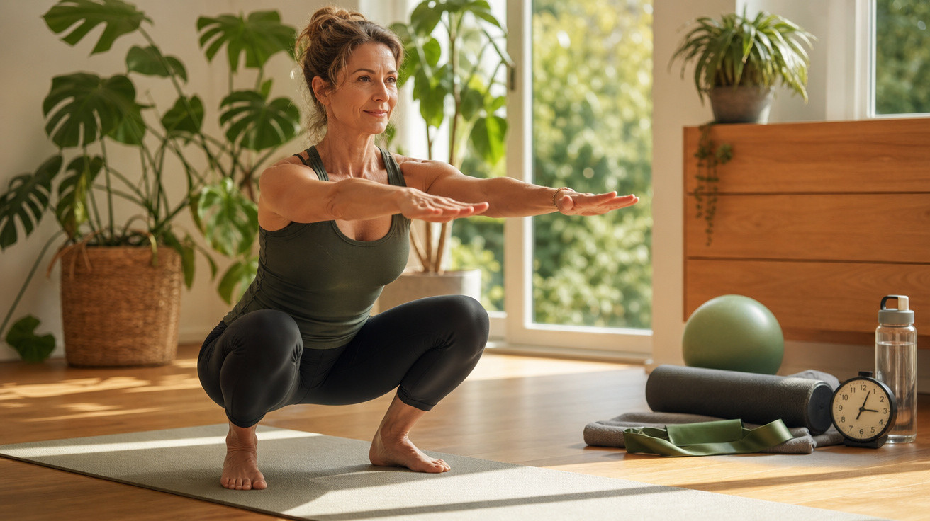 Mulher fazendo agachamento em tapete de yoga em sala iluminada com plantas ao fundo.