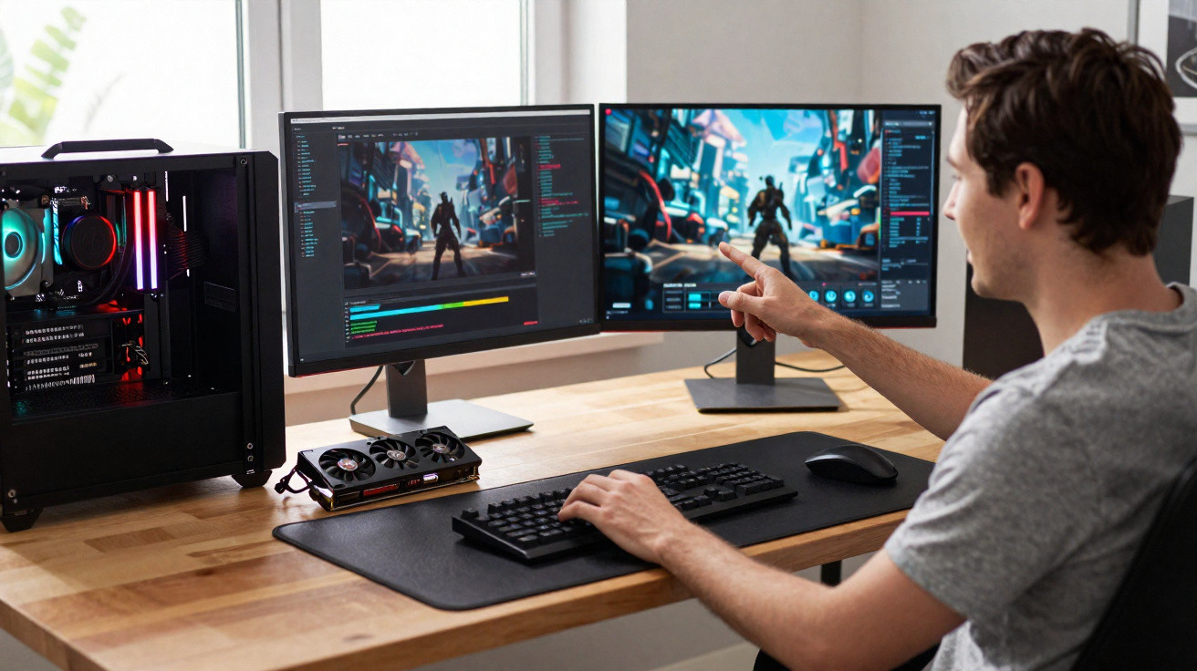 Homem sentado em mesa usa computador com dois monitores e torre para edição ou desenvolvimento de jogos digitais.