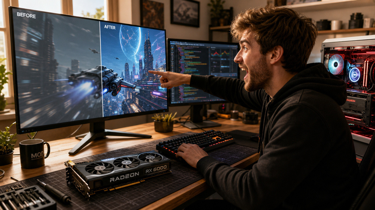 Homem animado sentado em mesa com computador e placa gráfica Radeon, mostrando evolução gráfica em tela dividida.