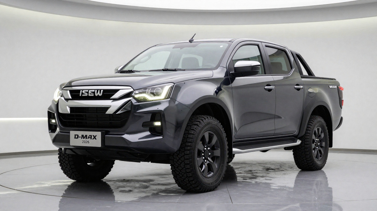 Picape preta ISSEW D-MAX 2026 em estúdio com iluminação branca, vista frontal em ângulo.