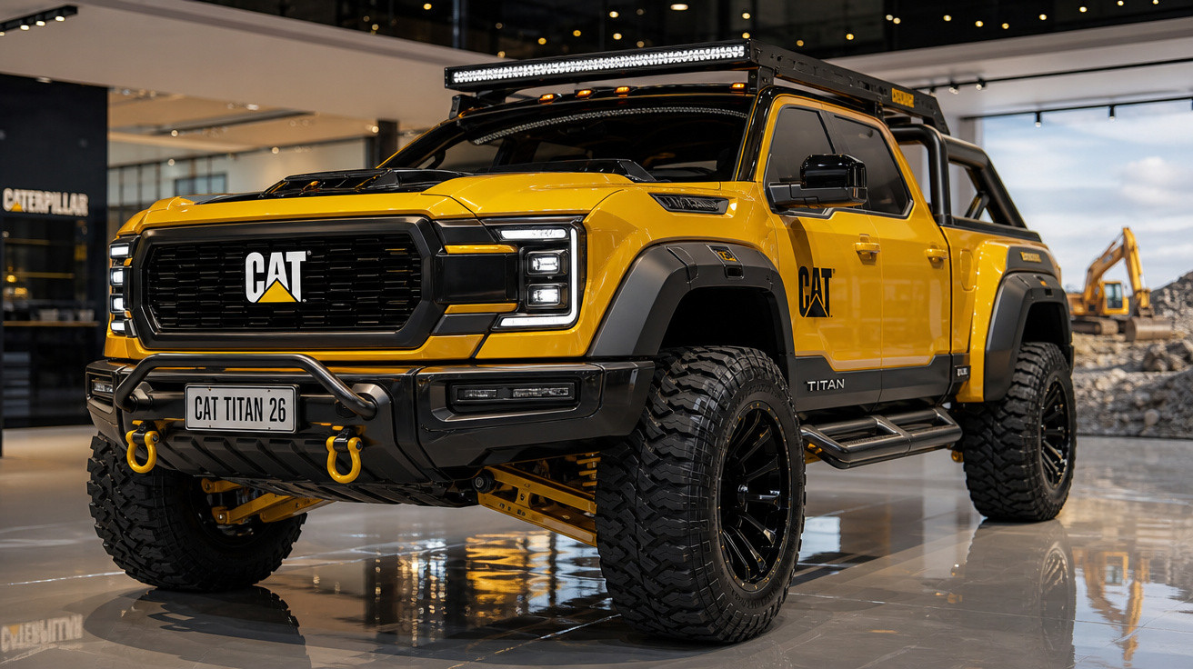 Picape amarela robusta CAT Titan 26 exibida em showroom com pneus grandes e iluminação LED no teto.