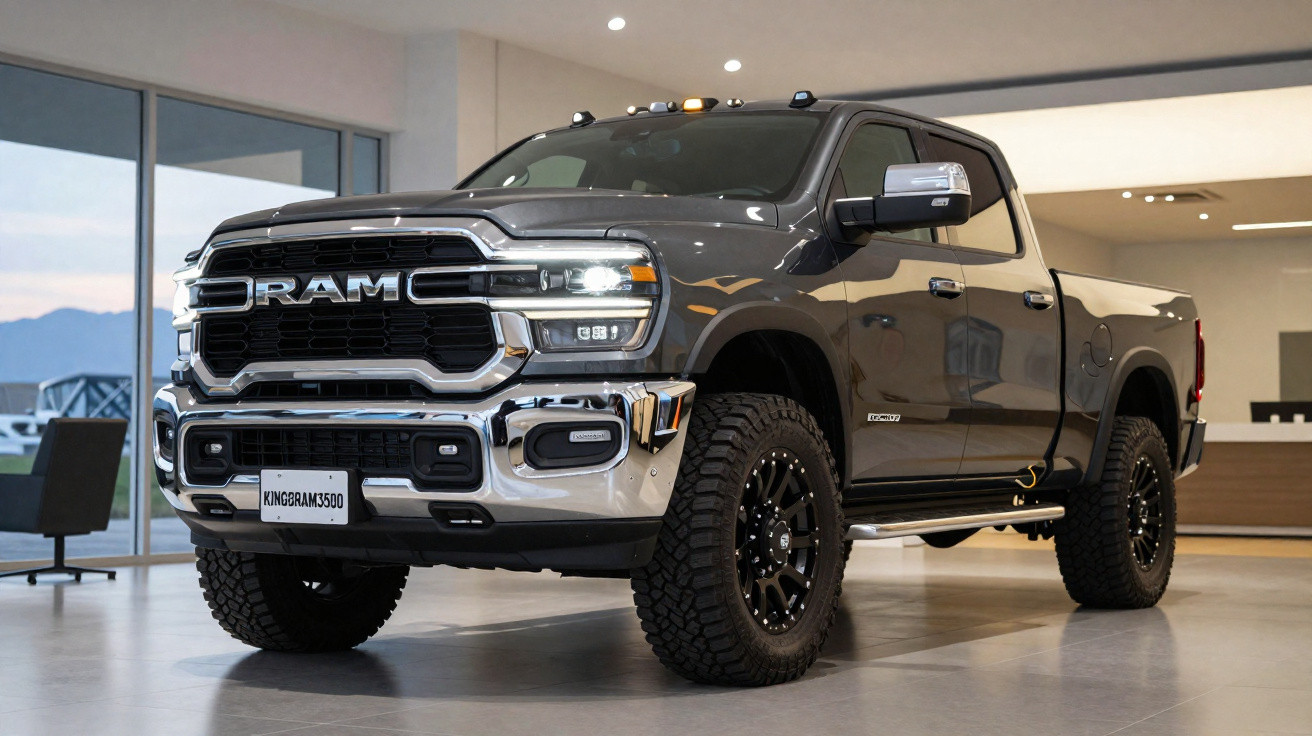 Picape RAM 3500 cinza escura exibida em showroom com destaque para rodas e grade cromada.