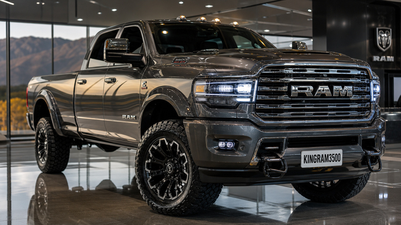 Picape RAM 3500 cinza escura exposta em showroom com faróis acesos e pneus robustos.