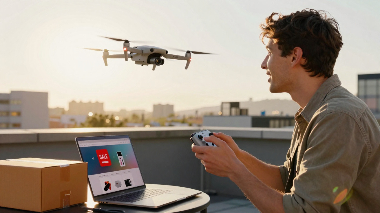 Homem controla drone com controle remoto em terraço, laptop aberto em mesa ao lado com caixa de papelão.