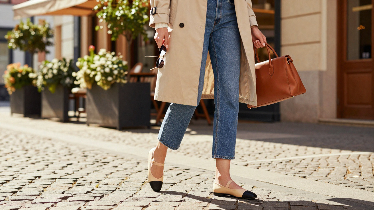 Pessoa caminhando em rua de paralelepípedo com trench coat, jeans, sapatilhas e bolsa marrom.