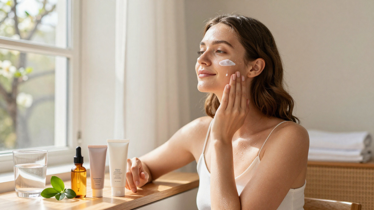 Jovem aplicando creme facial com produtos de skincare ao lado em ambiente iluminado por luz natural.