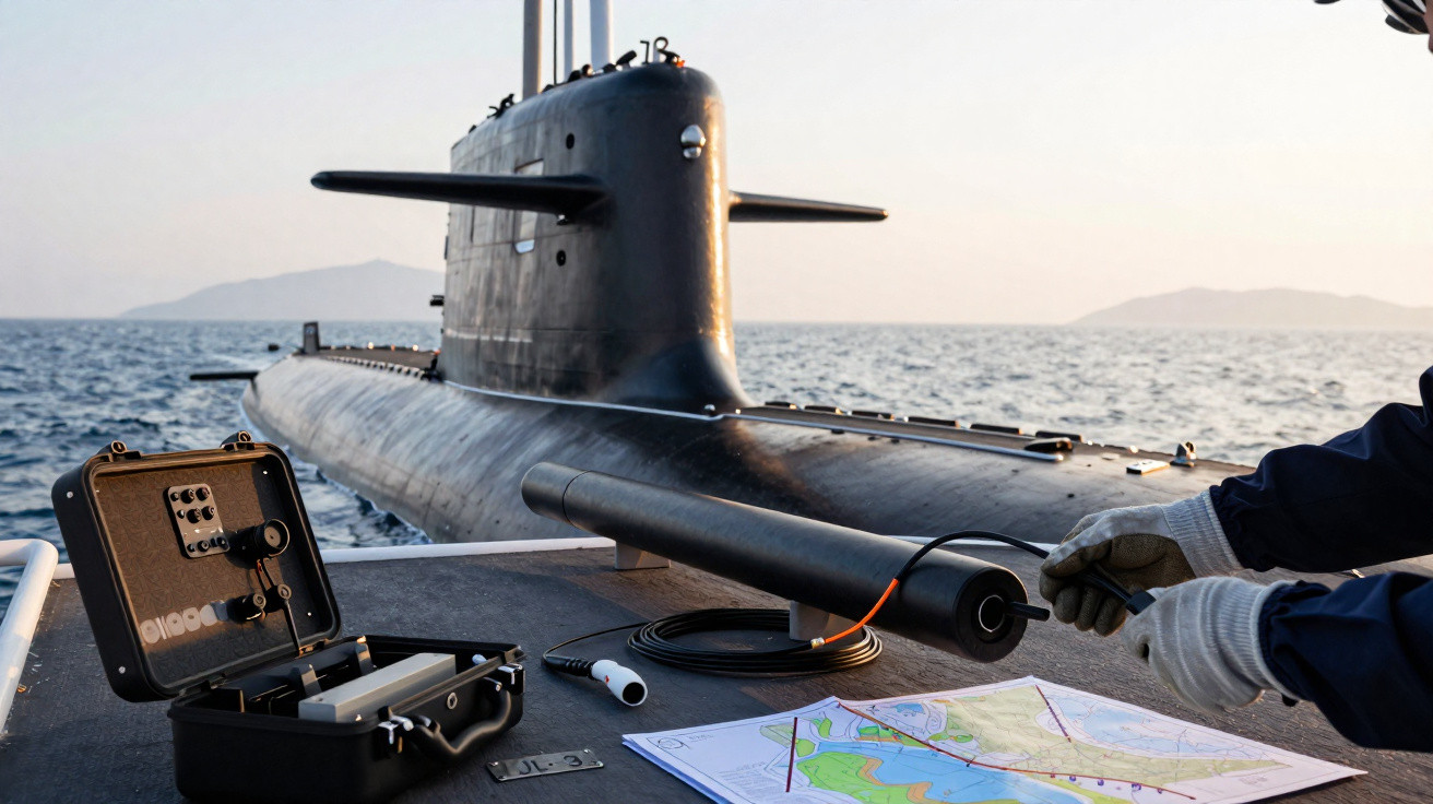 Submarino preto no mar com equipamentos e mapa sobre convés ao pôr do sol.