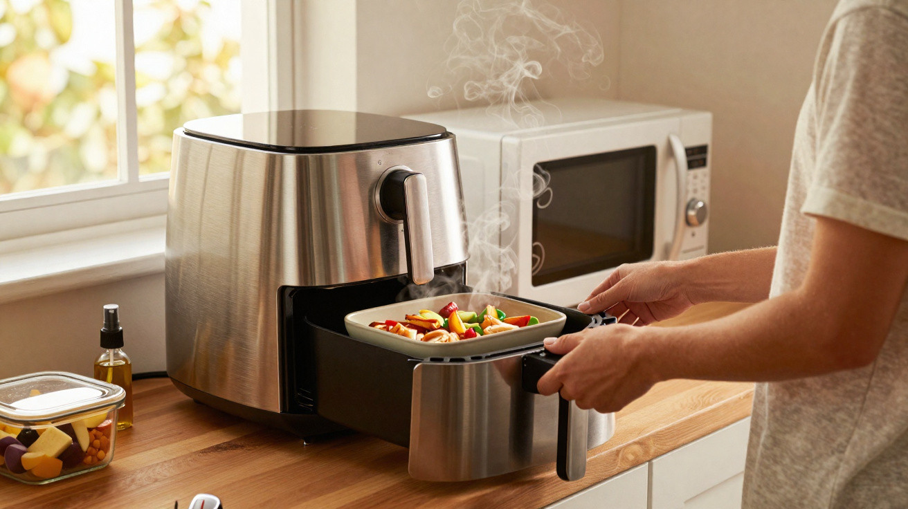 Pessoa retirando recipiente com legumes fumegantes de airfryer em cozinha com micro-ondas ao fundo.