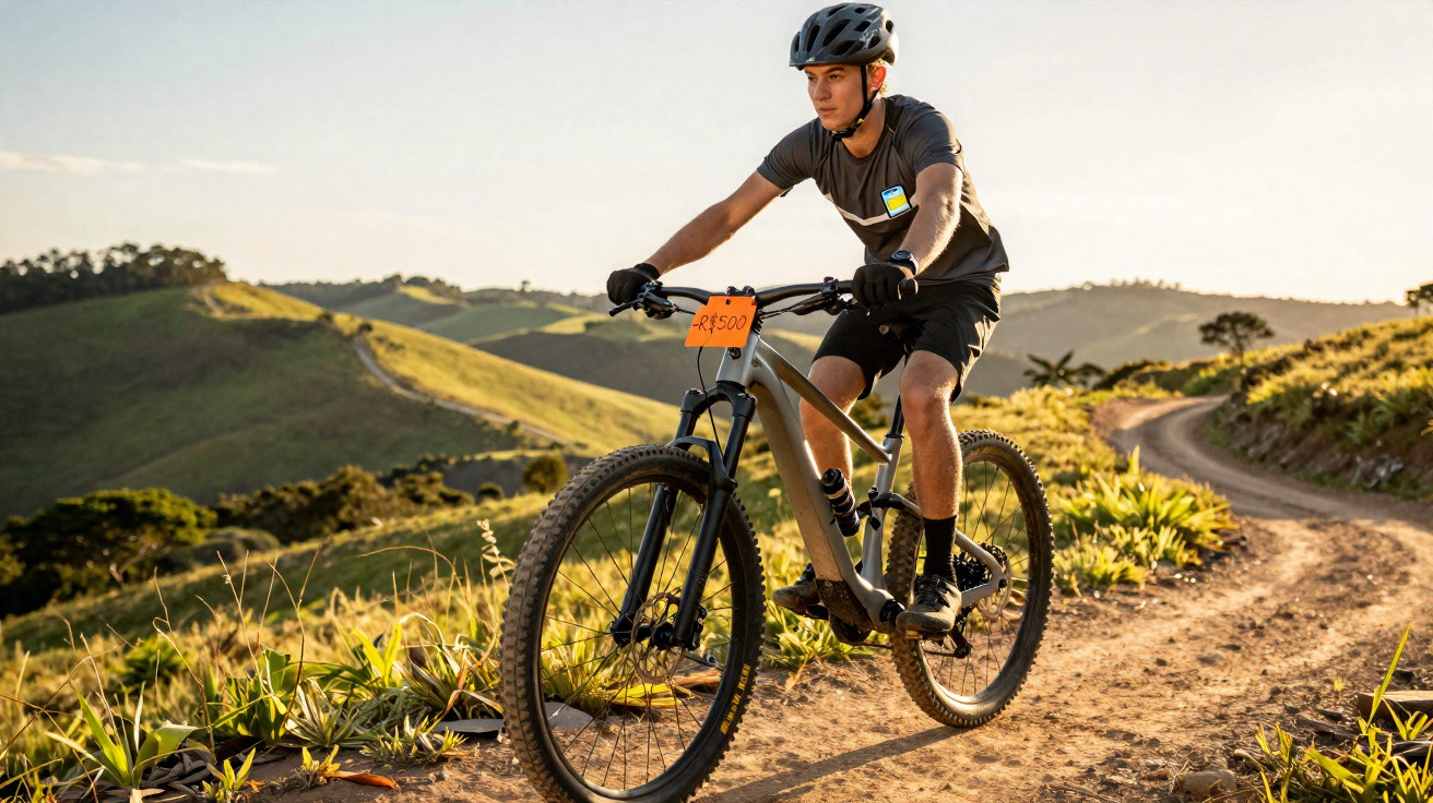 Jovem de capacete andando de mountain bike em trilha de terra com colinas ao fundo no fim da tarde.