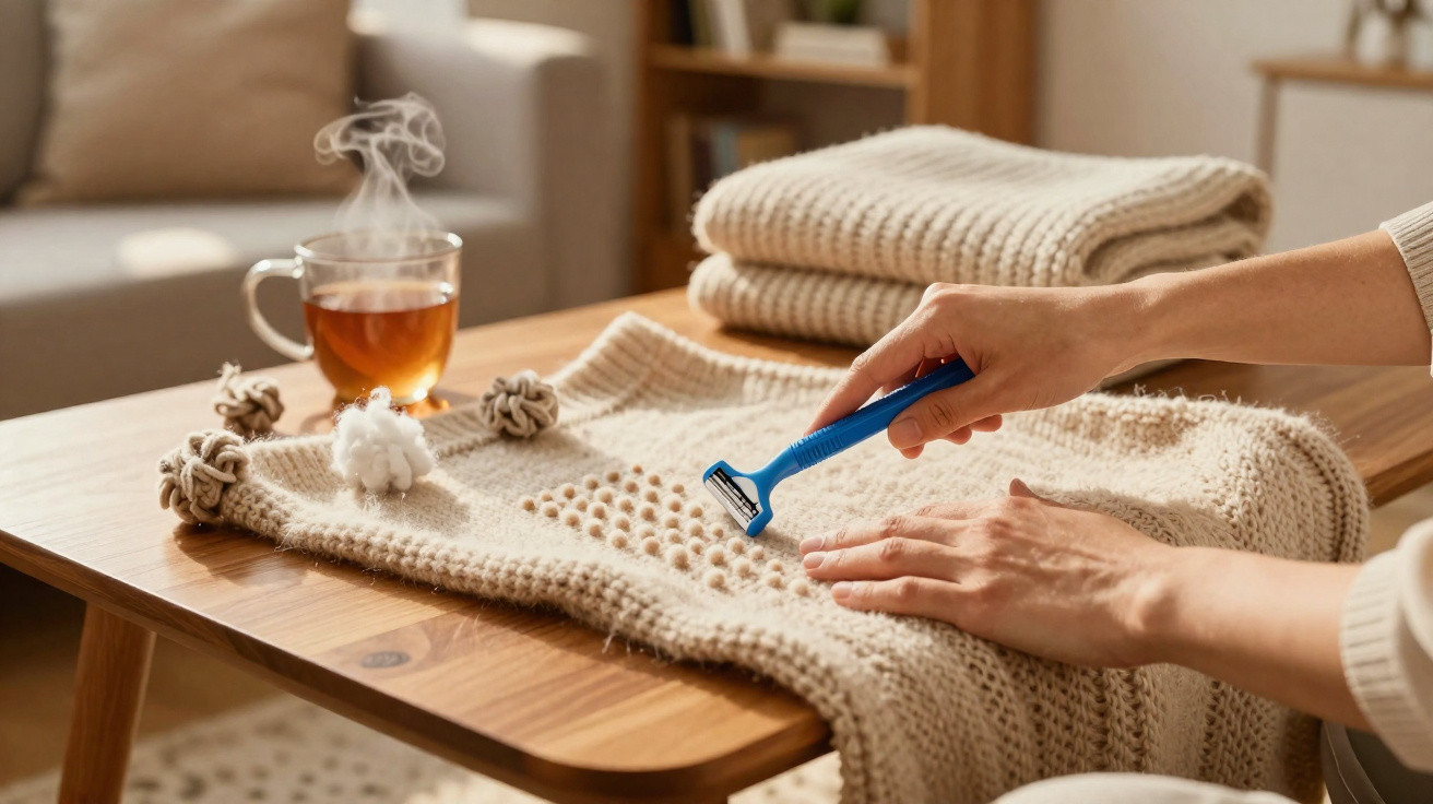 Pessoa removendo bolinhas de suéter bege com barbeador em mesa de madeira com chá quente ao fundo.