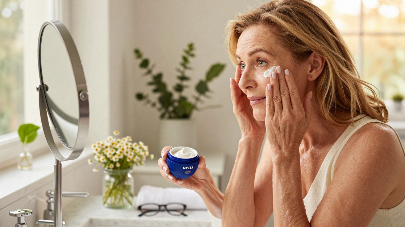 Mulher madura aplicando creme facial Nivea em frente ao espelho em banheiro iluminado.