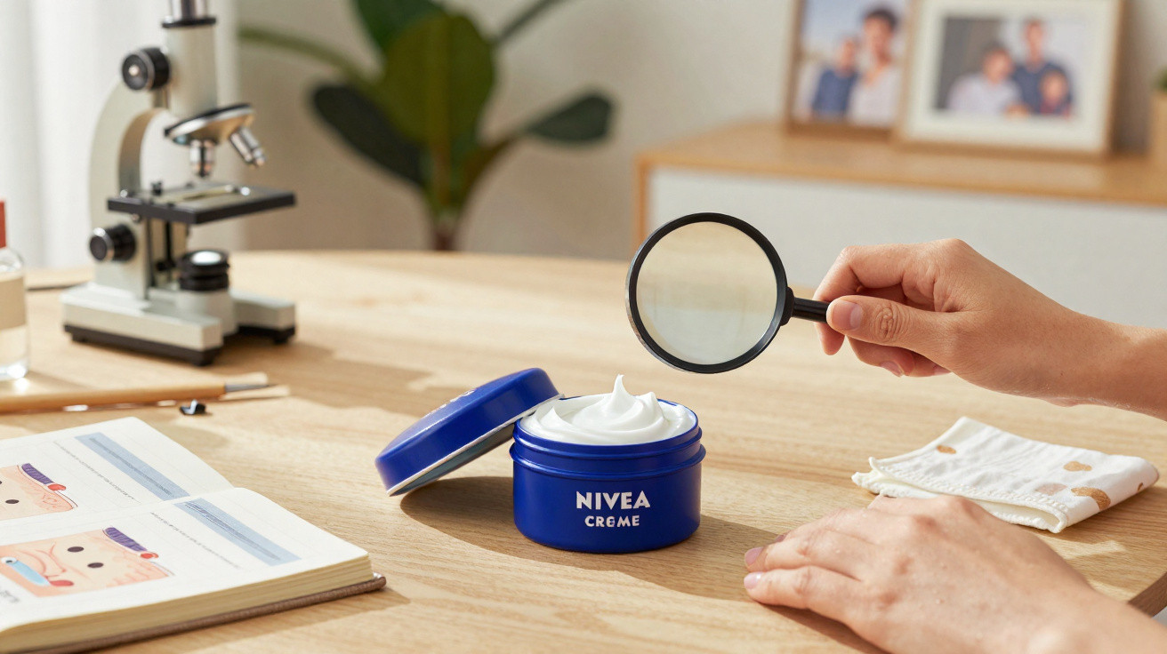 Pote aberto de creme Nivea com mãos segurando lupa, microscópio e livro de estudo ao fundo na mesa de madeira.
