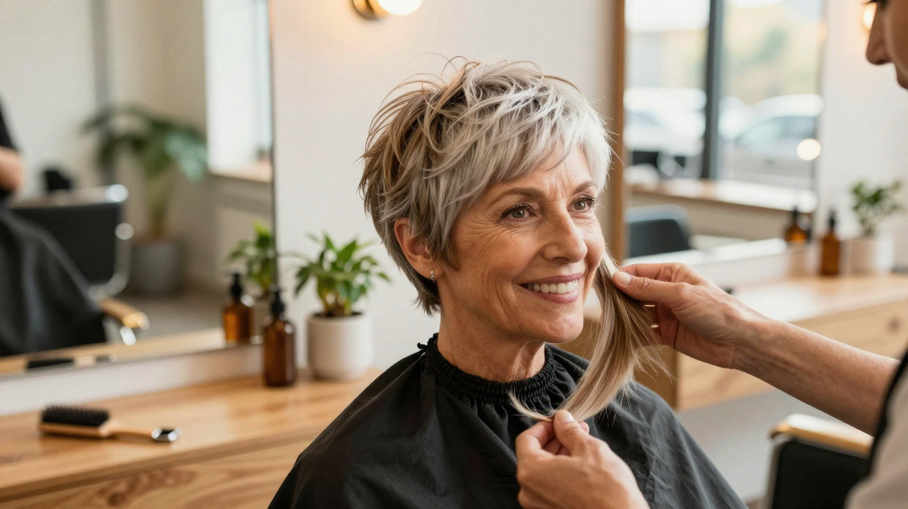 Mulher sorridente com cabelo curto e grisalho sendo atendida por cabeleireiro em salão moderno.