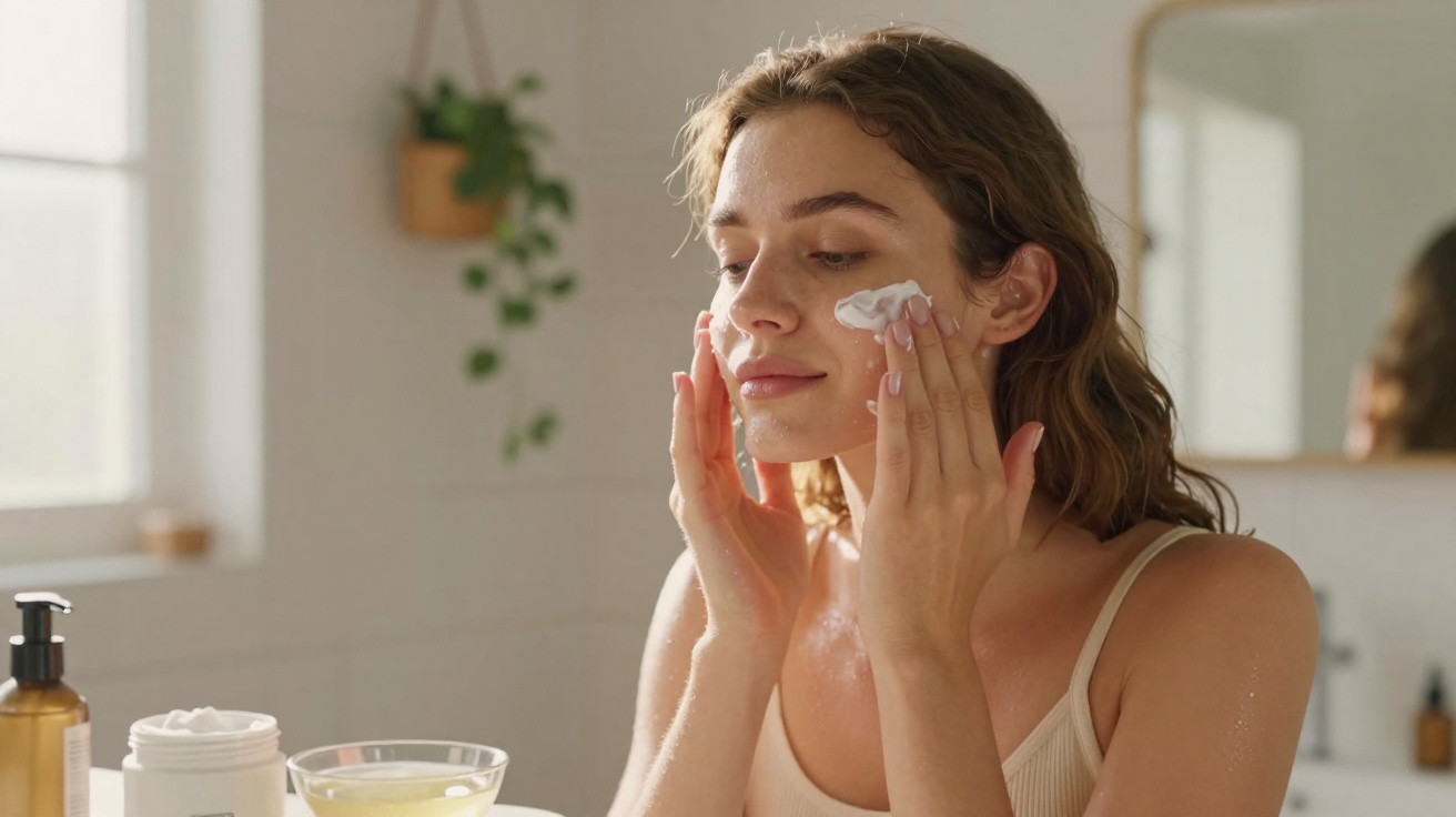 Mulher aplicando creme facial em ambiente claro com plantas e espelho ao fundo.