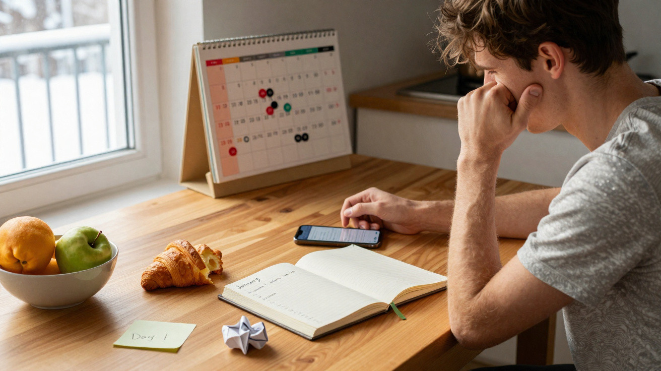 Homem sentado à mesa, olhando celular, com agenda, calendário e frutas ao redor em ambiente iluminado.