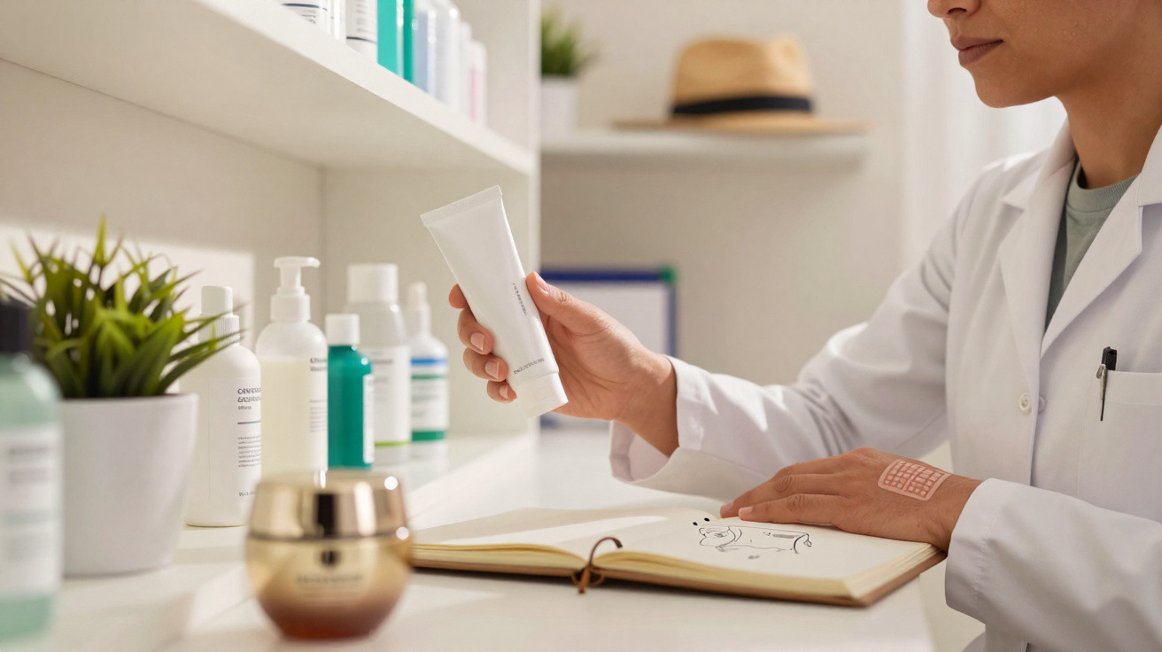 Pessoa em jaleco branco segurando tubo de creme e fazendo anotações em caderno aberto em ambiente de consultório.