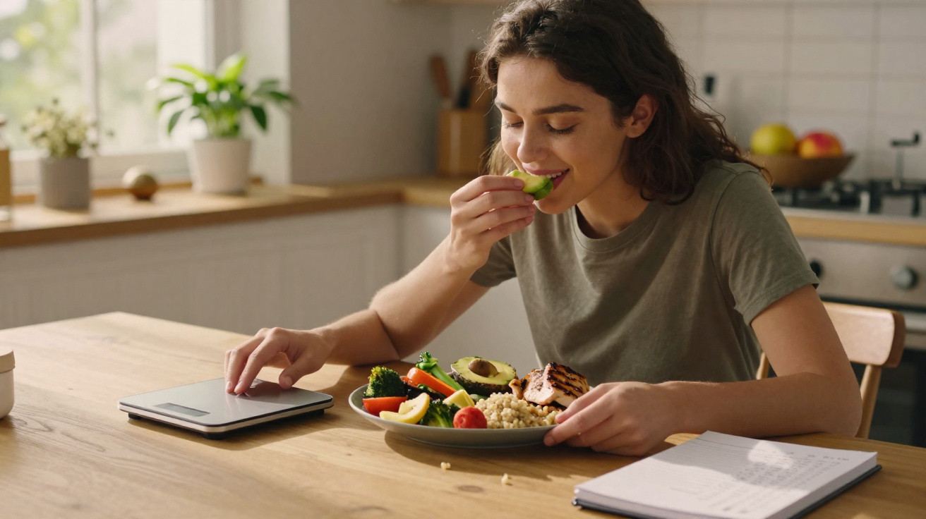 Jovem comendo salada saudável enquanto utiliza tablet em mesa de cozinha clara e organizada.