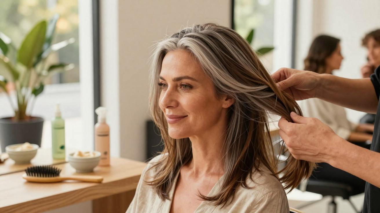 Mulher sorrindo sentada enquanto cabeleireiro arruma seu cabelo em salão moderno e iluminado.