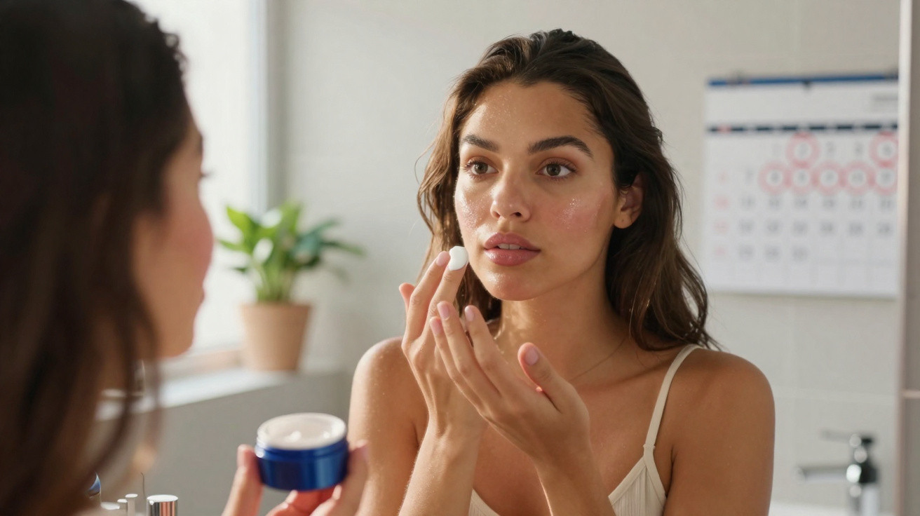 Mulher aplicando creme facial em frente ao espelho em banheiro com calendário ao fundo.