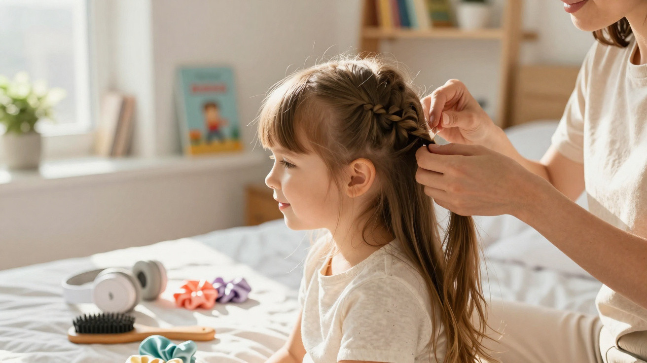 Mãe fazendo trança no cabelo de menina sentada em cama com acessórios de cabelo ao redor.
