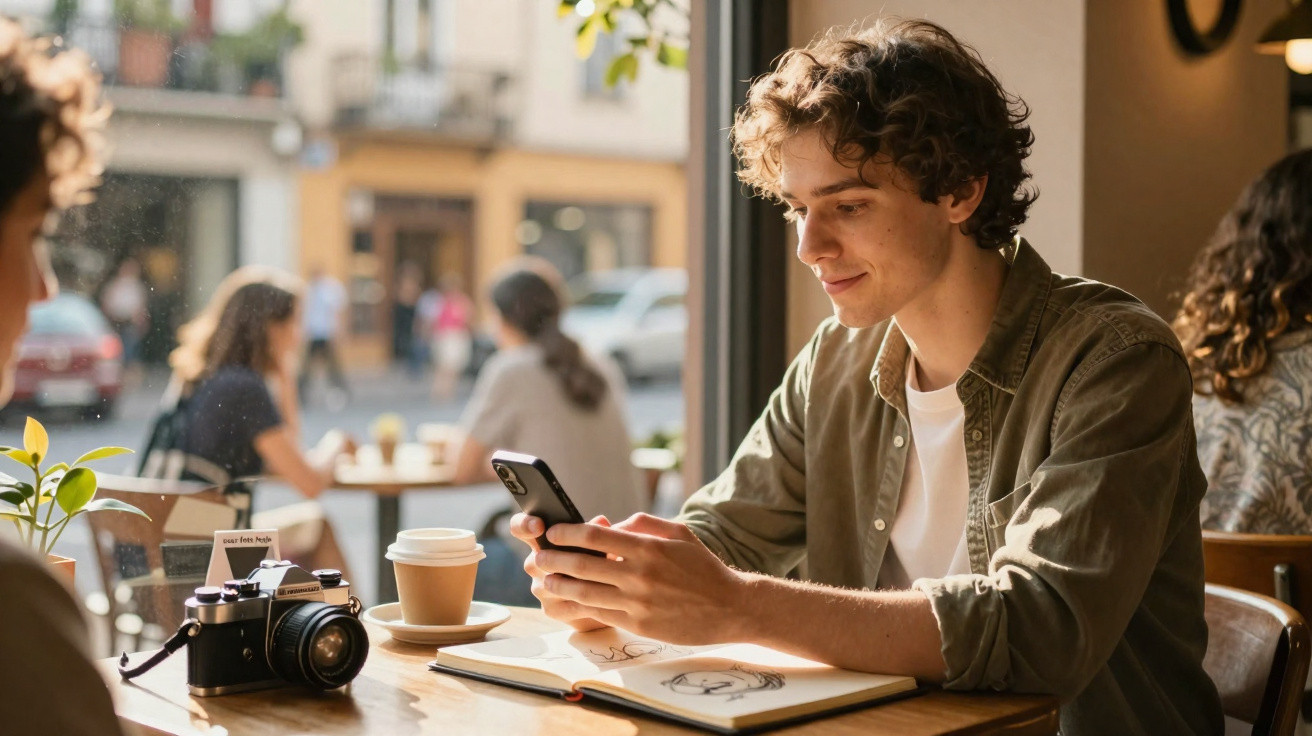 Jovem sentado em cafeteria usando smartphone, com câmera, café e caderno de desenhos sobre a mesa.