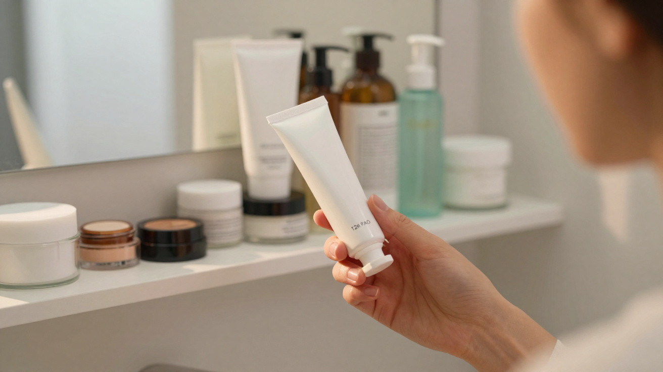 Pessoa segurando tubo branco de creme em banheiro com produtos de beleza na prateleira.