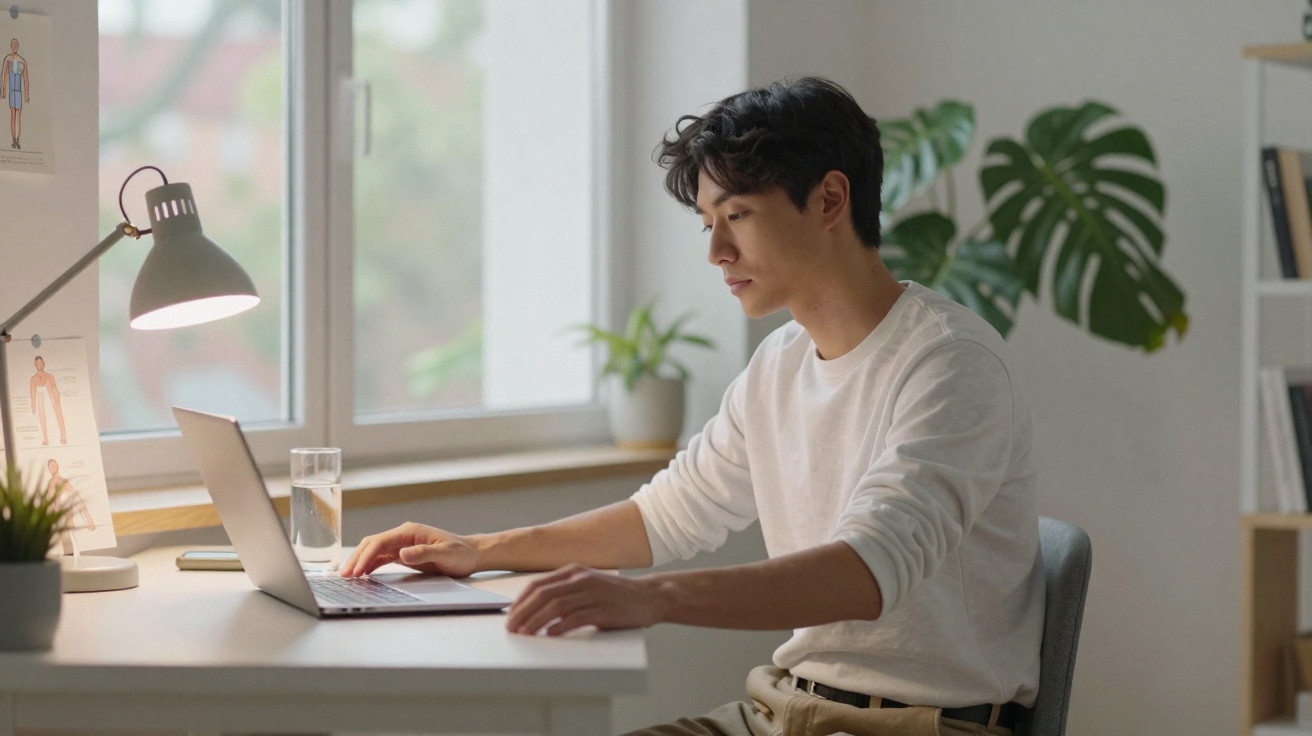 Jovem sentado à mesa usando notebook próximo a janela com plantas e luminária acesa em ambiente iluminado.