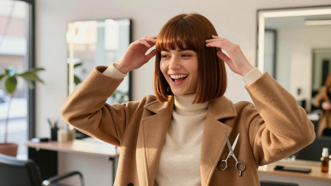 Mulher sorrindo com cabelo curto ruivo e casaco bege em salão de beleza moderno.