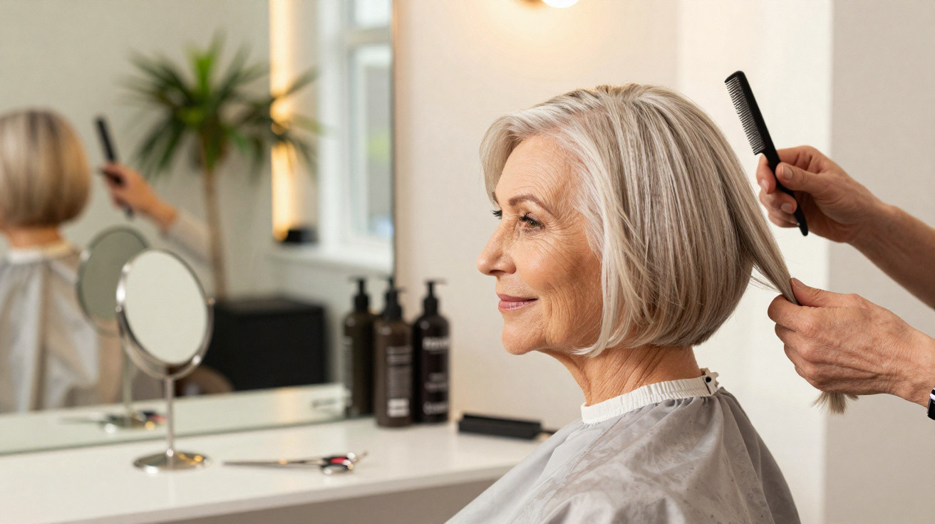 Mulher idosa sorrindo enquanto cabeleireiro penteia seu cabelo curto em salão moderno.