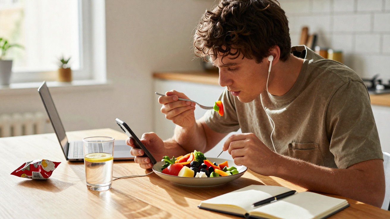 Jovem com fones de ouvido come salada enquanto usa celular, com laptop e caderno na mesa.