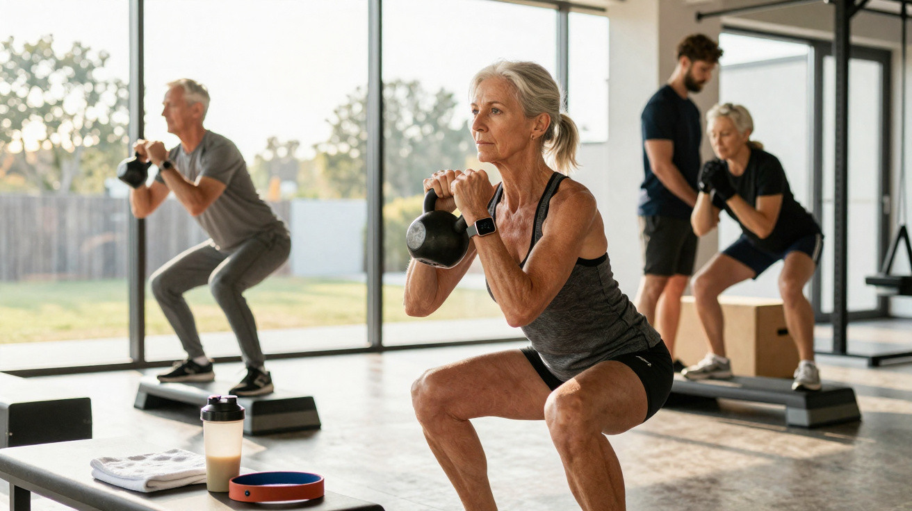 Grupo de idosos praticando agachamento com kettlebell em academia moderna e iluminada.