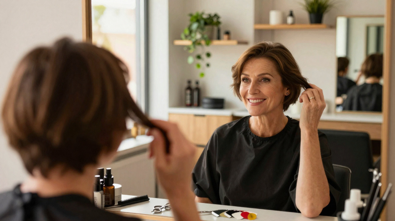 Mulher sorridente no salão, ajustando o cabelo curto diante do espelho, em ambiente iluminado e acolhedor.