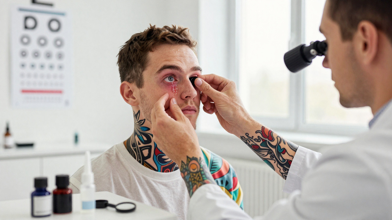 Homem com olhos vermelhos sendo examinado por oftalmologista em consultório.