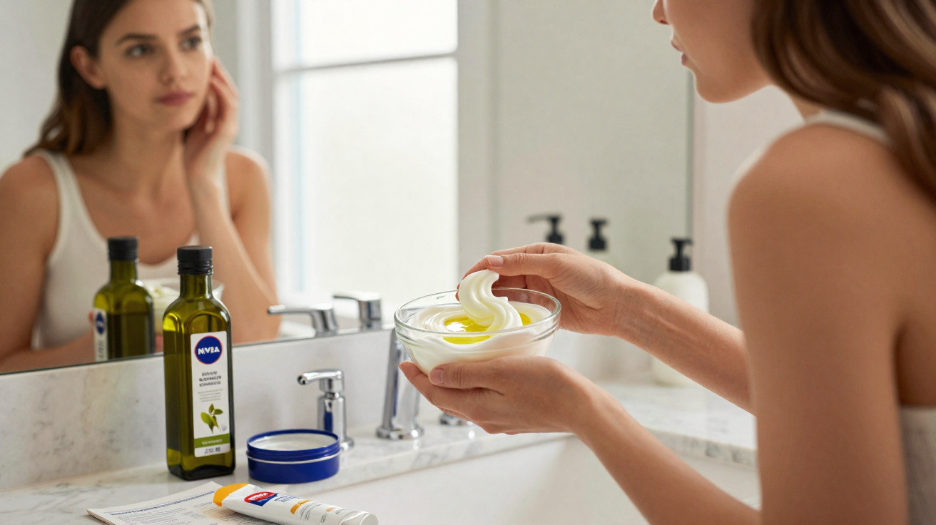 Mulher olhando no espelho segurando pote com creme branco e óleo, com produtos de cuidados na pia.