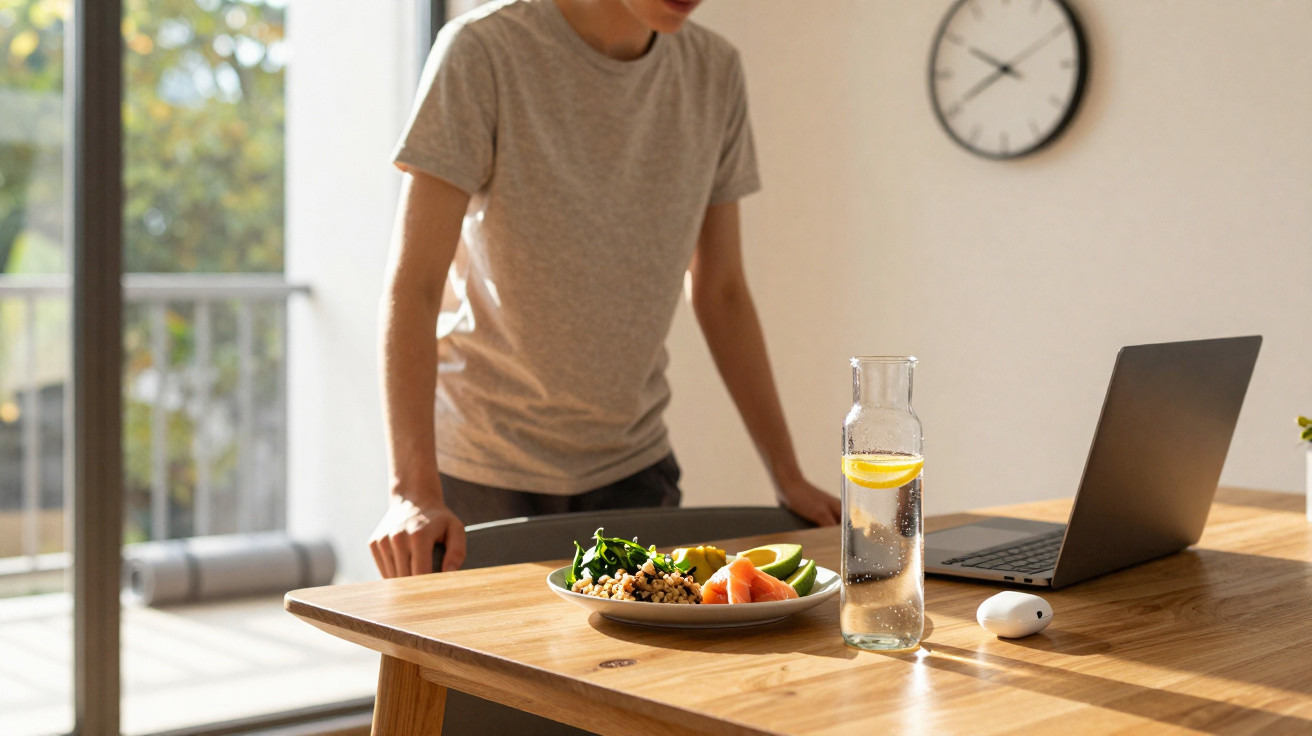 Pessoa em pé ao lado de mesa com prato de comida, garrafa de água com limão e notebook aberto.