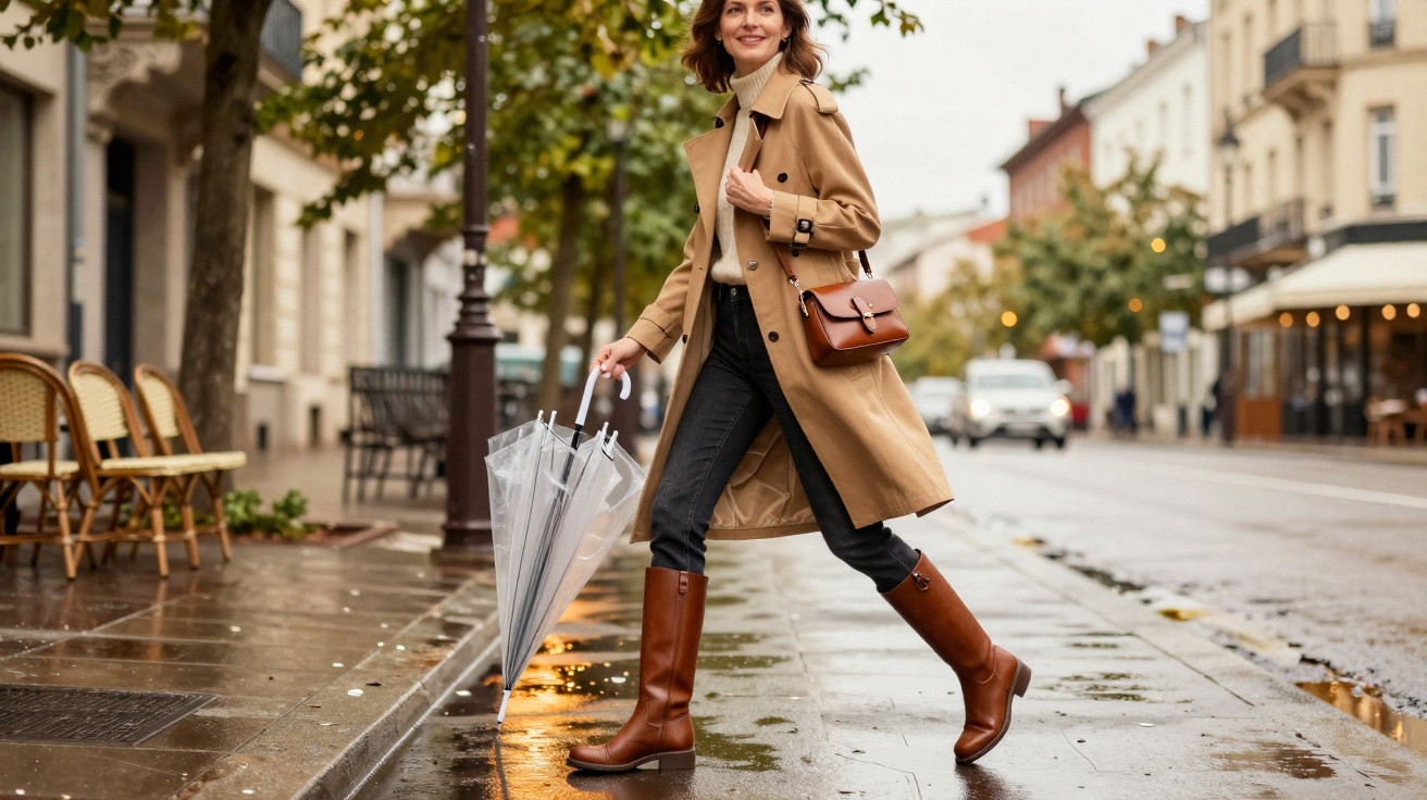Mulher sorridente com casaco bege e bota marrom caminhando na rua molhada segurando guarda-chuva transparente.