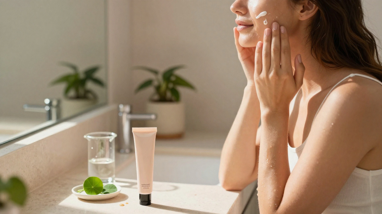 Mulher aplicando creme facial em frente ao espelho em bancada com planta e vidro d'água.