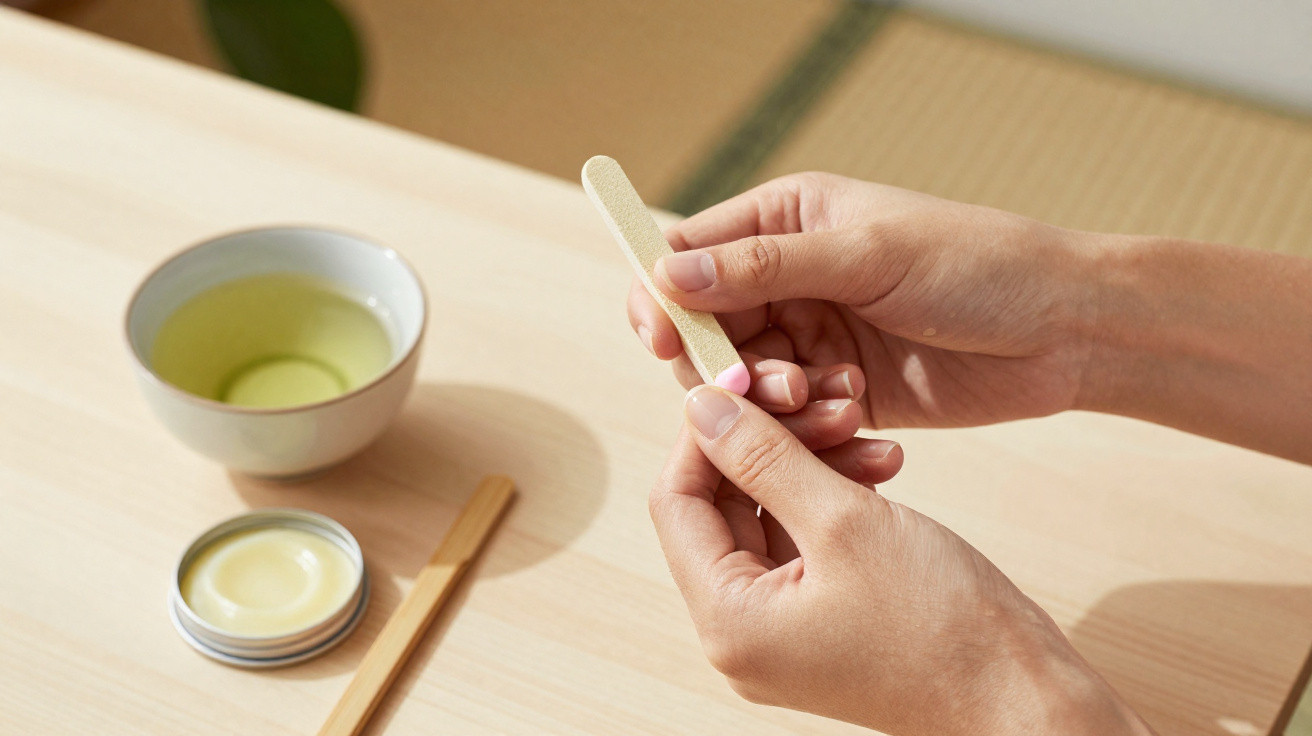 Pessoa lixando unhas com creme e copo de chá verde sobre mesa clara.