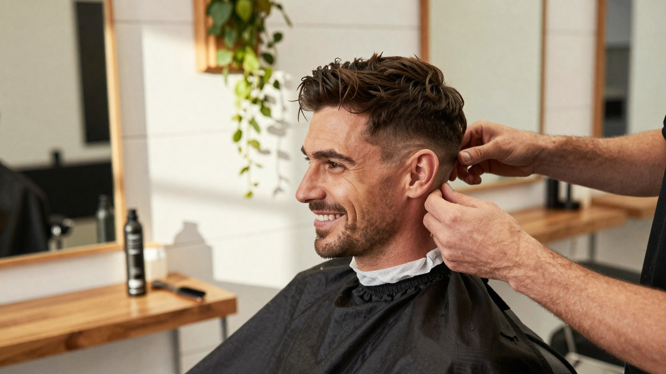 Homem sorridente recebendo acabamento no cabelo em barbearia moderna com decoração clara e planta pendente.
