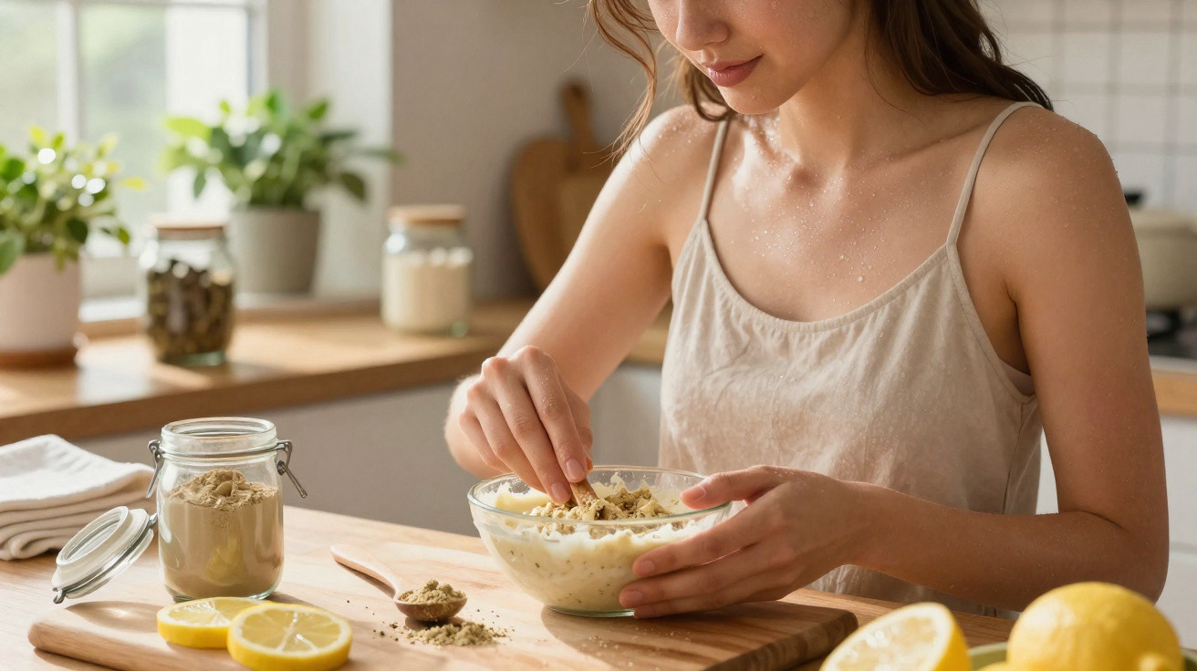 Mulher preparando sobremesa com biscoito e creme em cozinha iluminada e decorada com plantas.