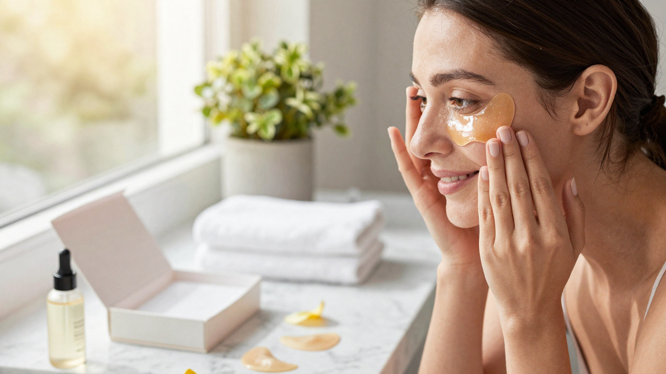 Mulher aplicando máscara facial hidratante sob os olhos em ambiente interno iluminado.