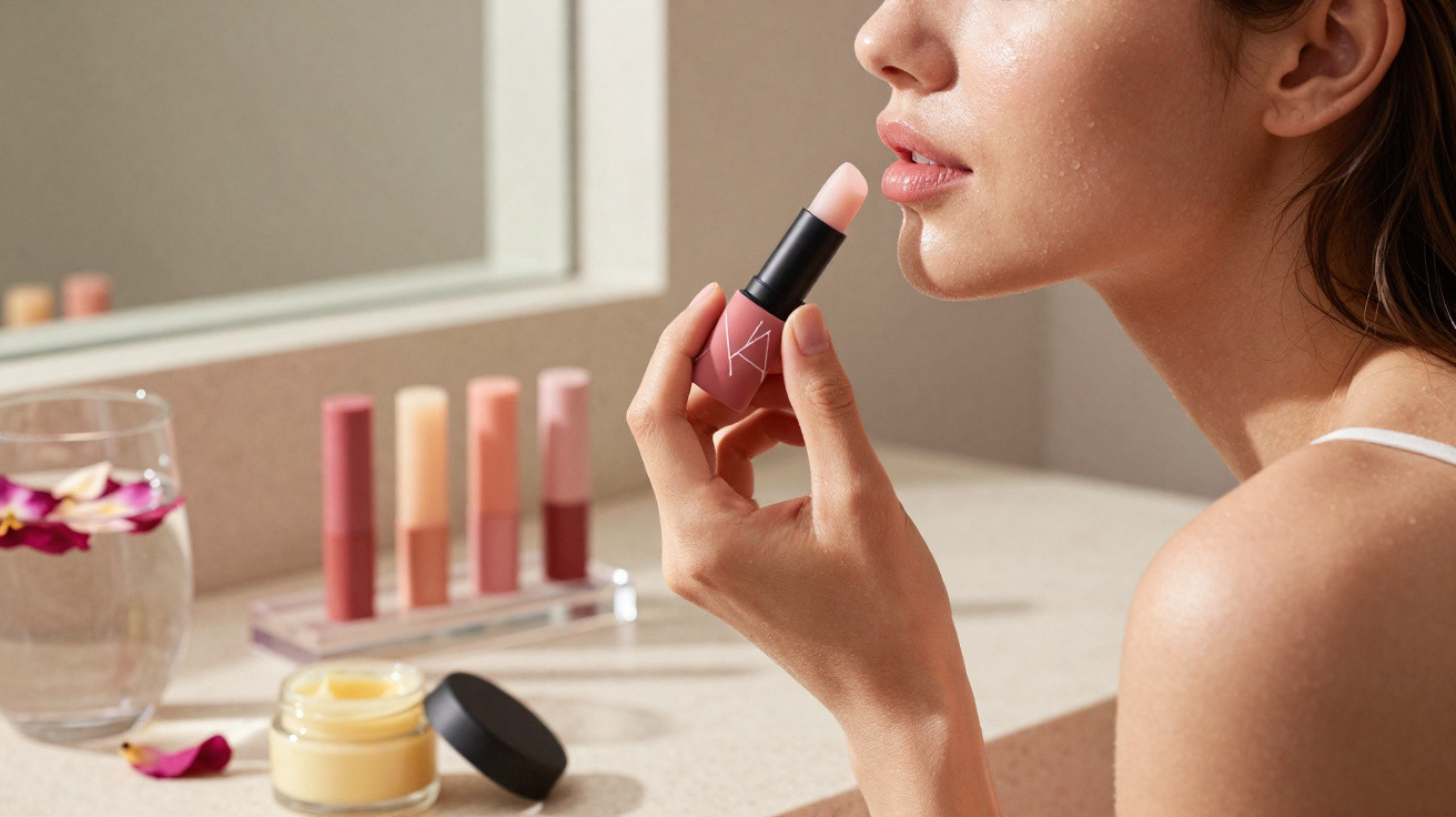 Mulher aplicando batom rosa claro, próximo a espelho com produtos de maquiagem sobre bancada.