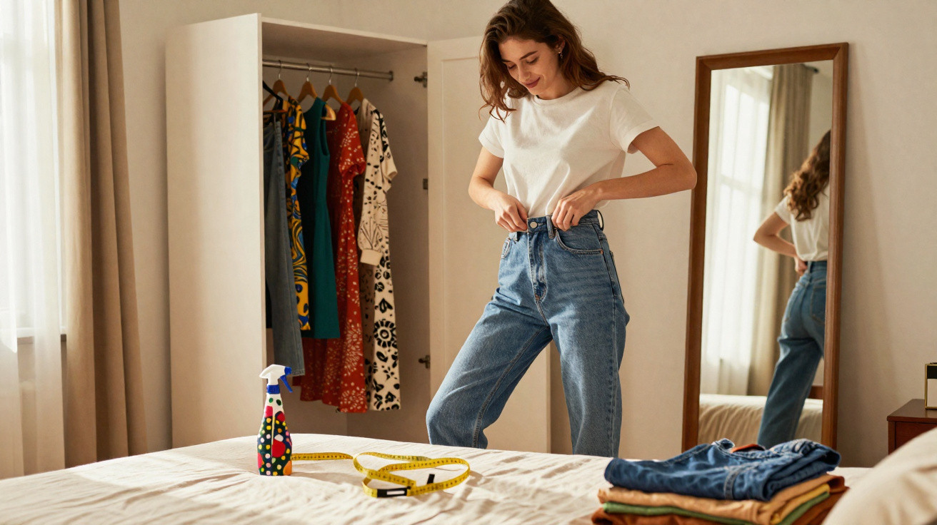 Mulher encaixando calça jeans em quarto com espelho, roupas dobradas e fita métrica na cama.