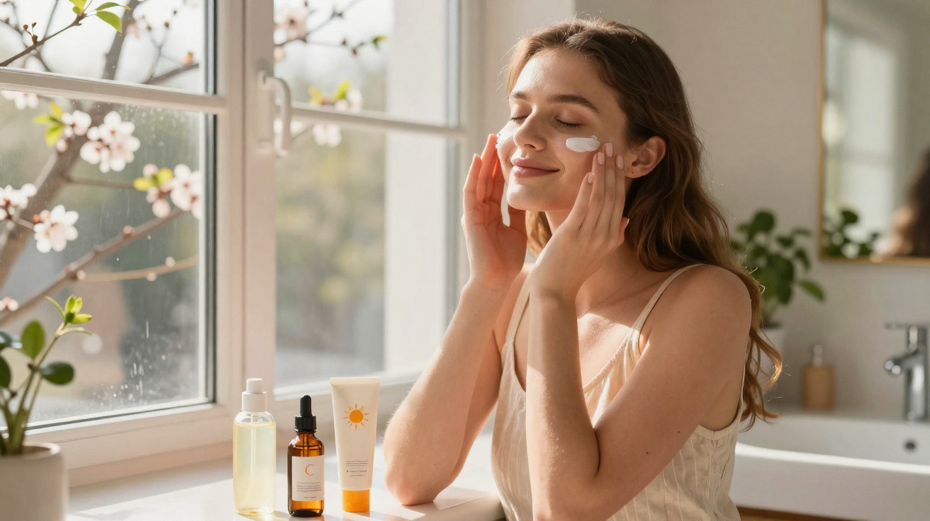 Mulher aplicando creme facial com olhos fechados em ambiente iluminado natural perto da janela.