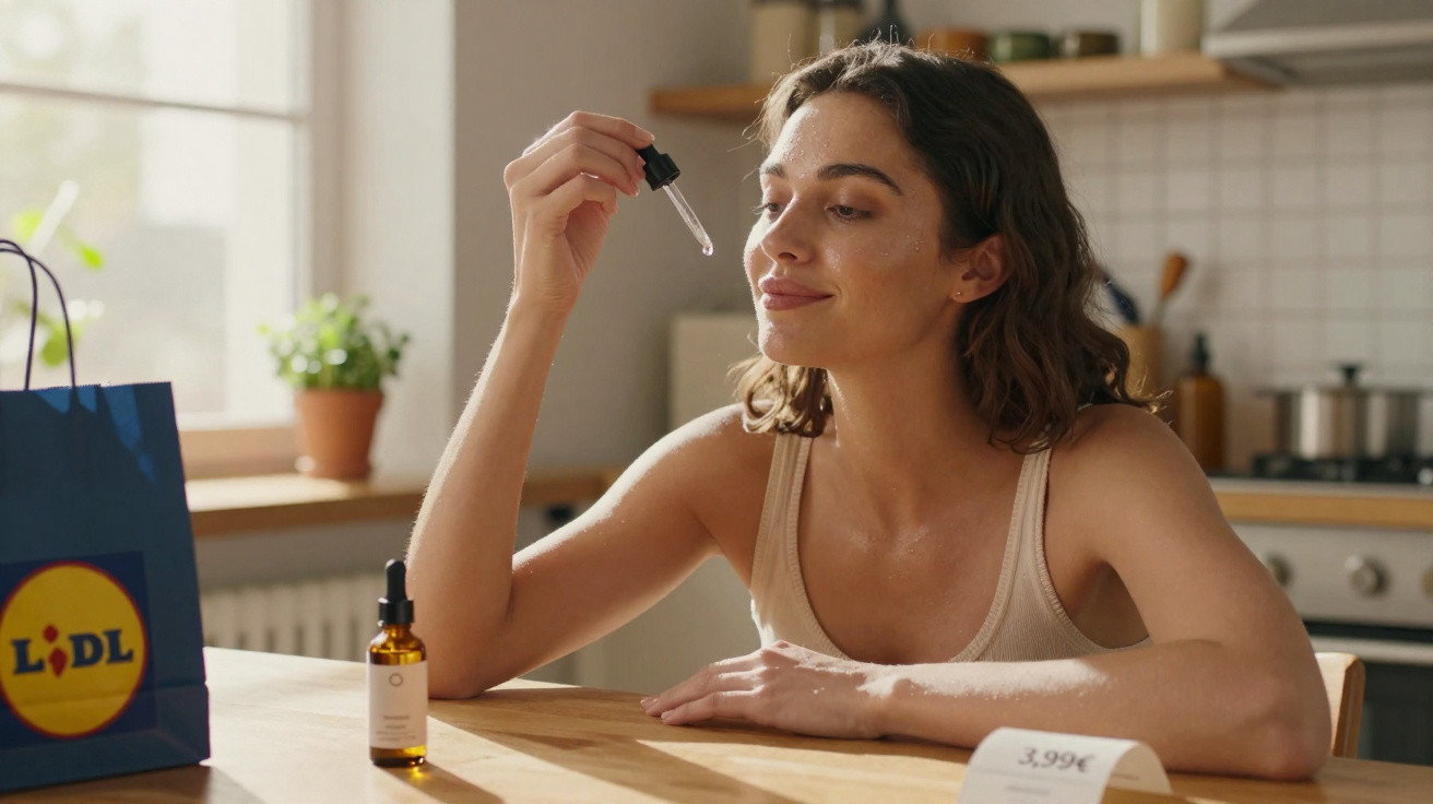 Mulher sentada à mesa segurando conta-gotas com produto de cuidado na cozinha iluminada.