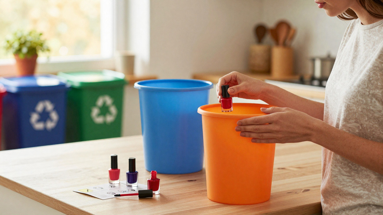 Pessoa descartando esmalte em pote laranja com lixeiras de reciclagem ao fundo na cozinha.