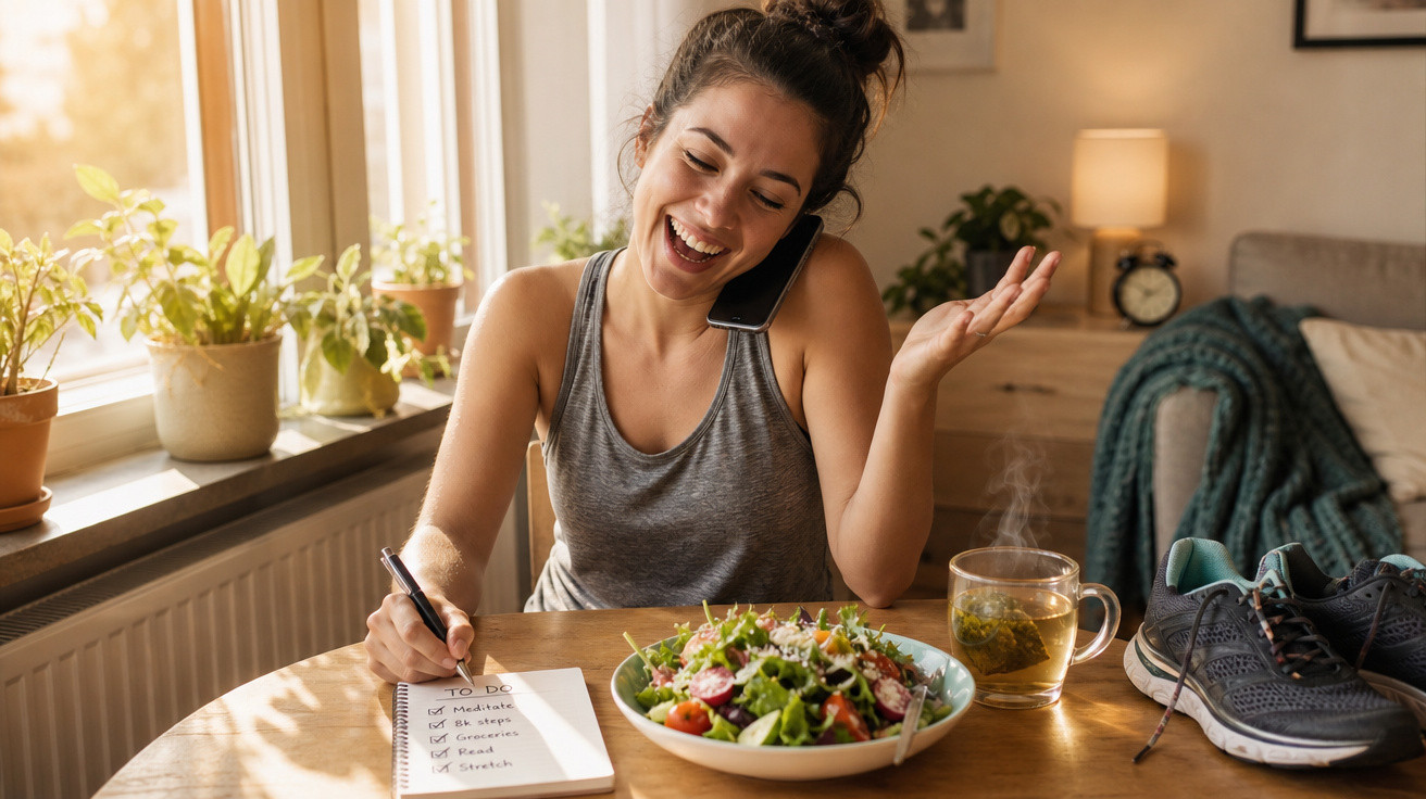Mulher sorrindo fala ao telefone enquanto anota lista, com salada, chá e tênis em mesa iluminada pelo sol.