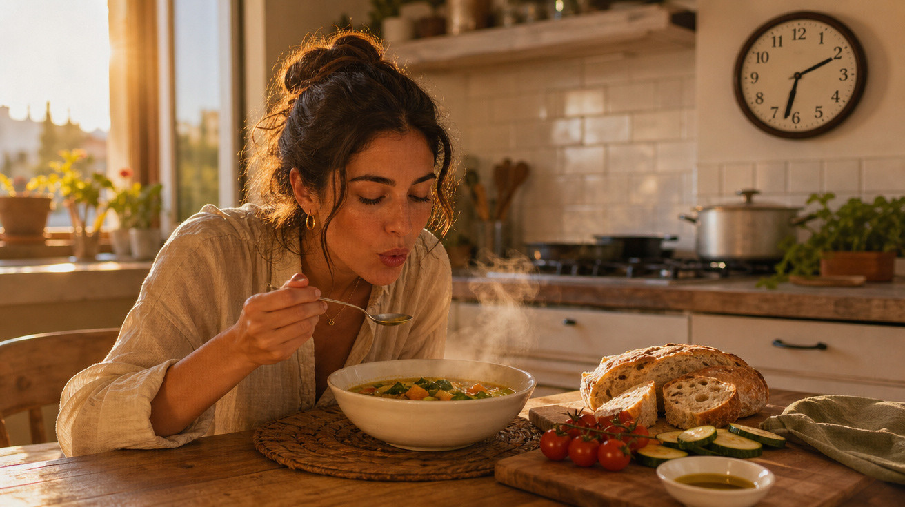 Mulher soprando sopa quente em uma cozinha rústica com pão, tomates e azeite na mesa.