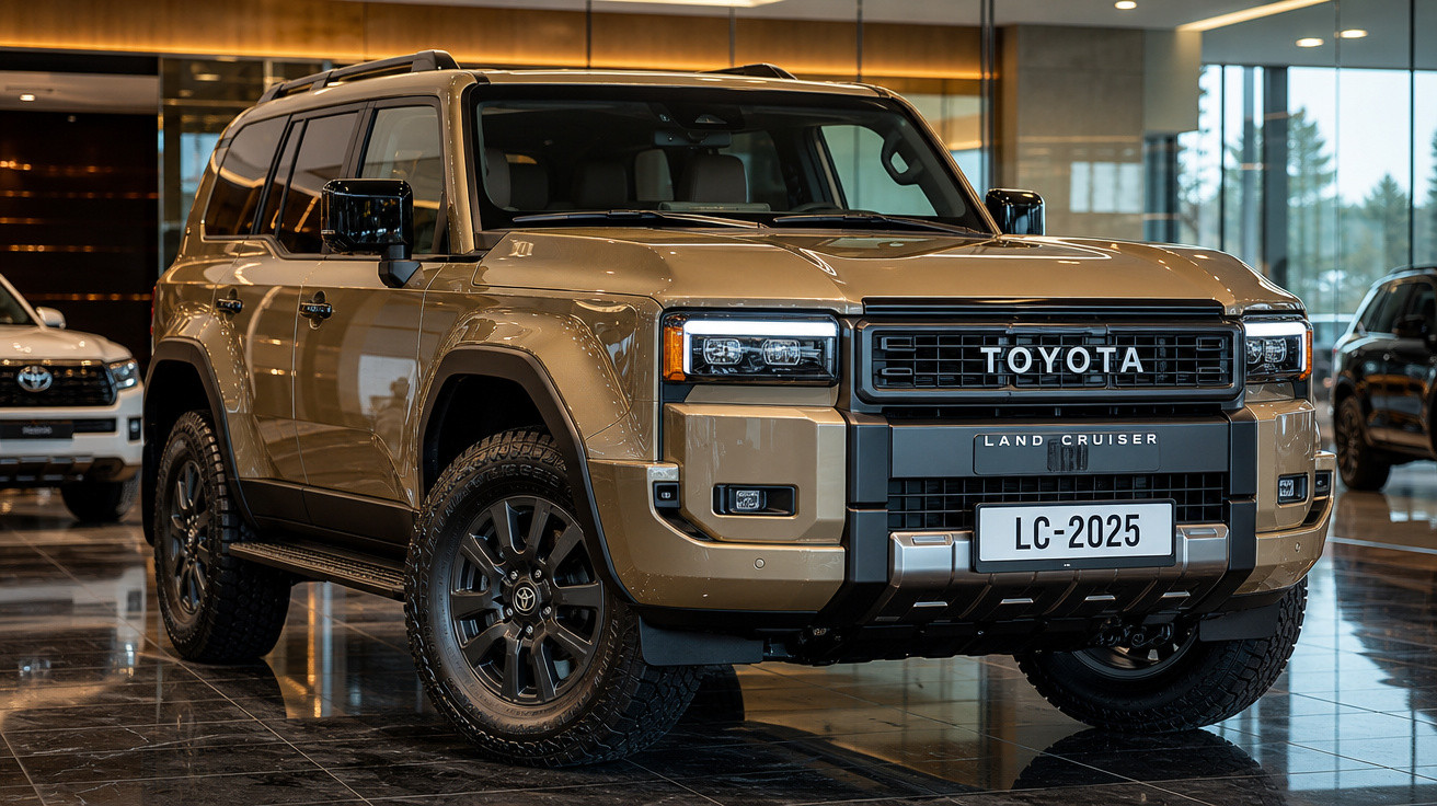 SUV Toyota Land Cruiser LC-2025 bege exibido em showroom com piso de mármore refletivo.